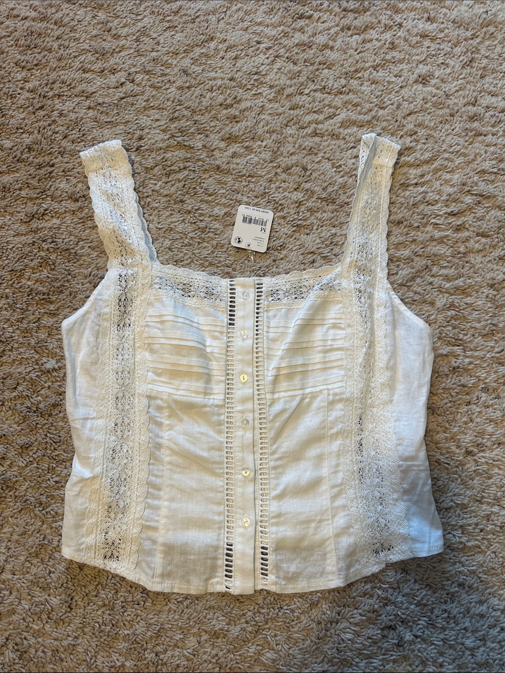 Free People White Lace-Trim Button Front Tank Sz M NWT